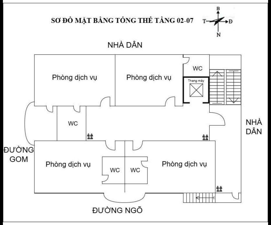 Sơ đồ tầng 2 đến 7 khách sạn cầu Nhật Tân